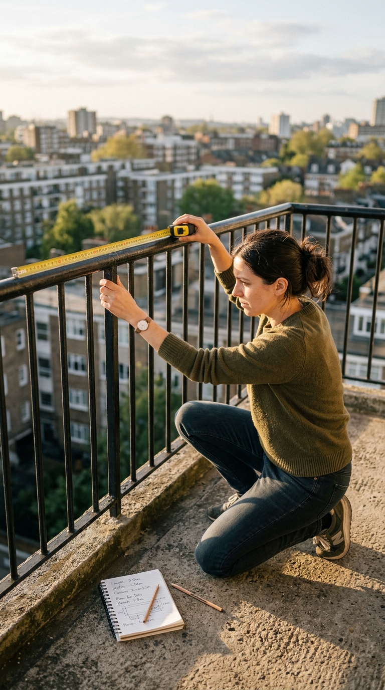 Person measuring an empty apartment balcony with a tape measure before gardening