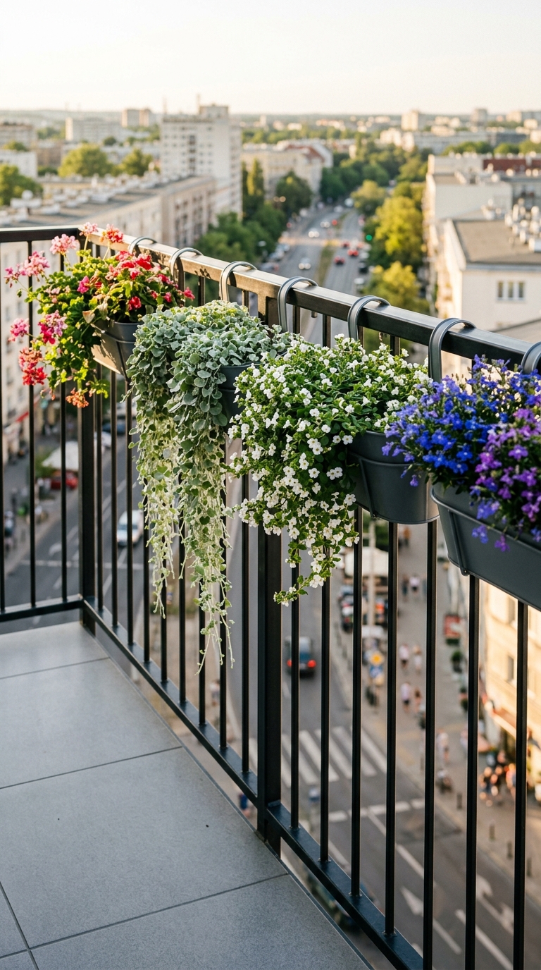 Four metal hook-on planters clipped to a balcony railing with trailing plants