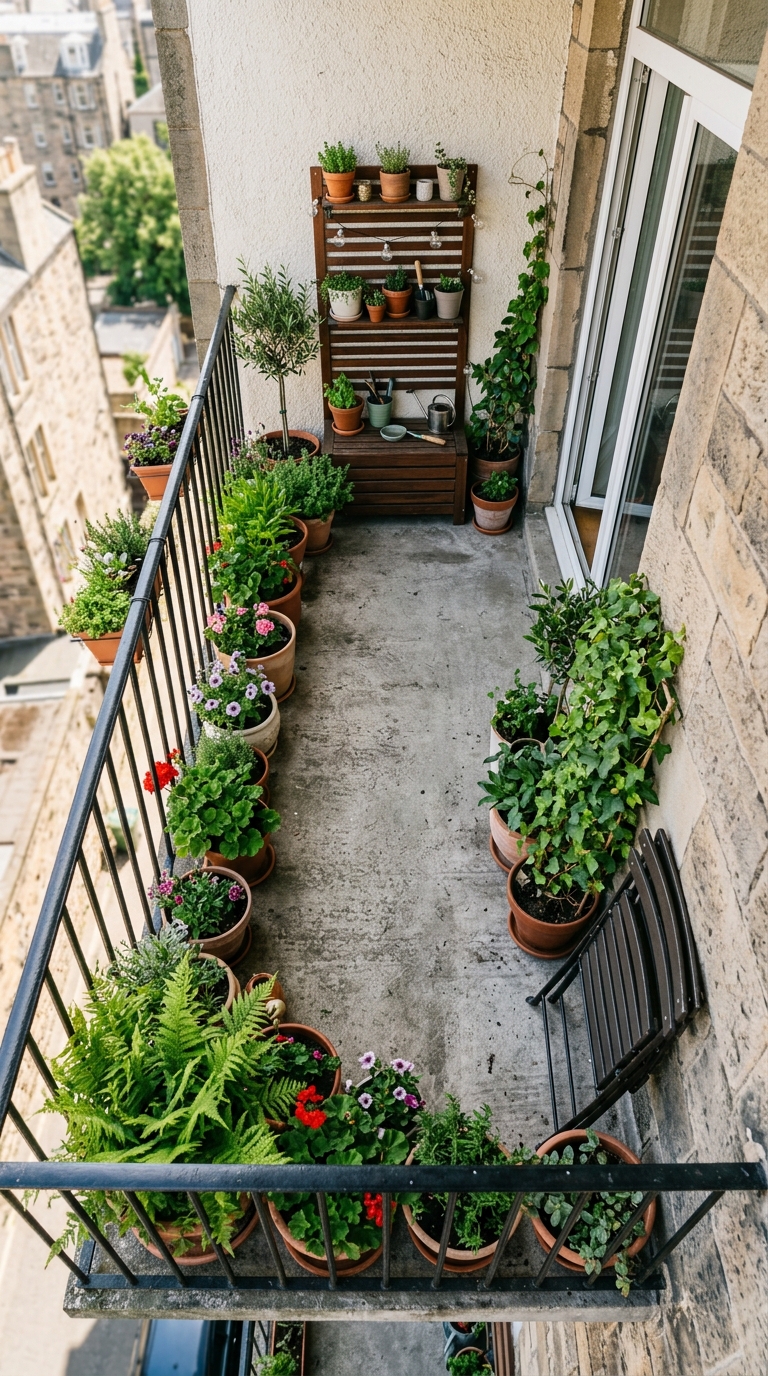 Small balcony with all elements pushed to the perimeter, center floor clear