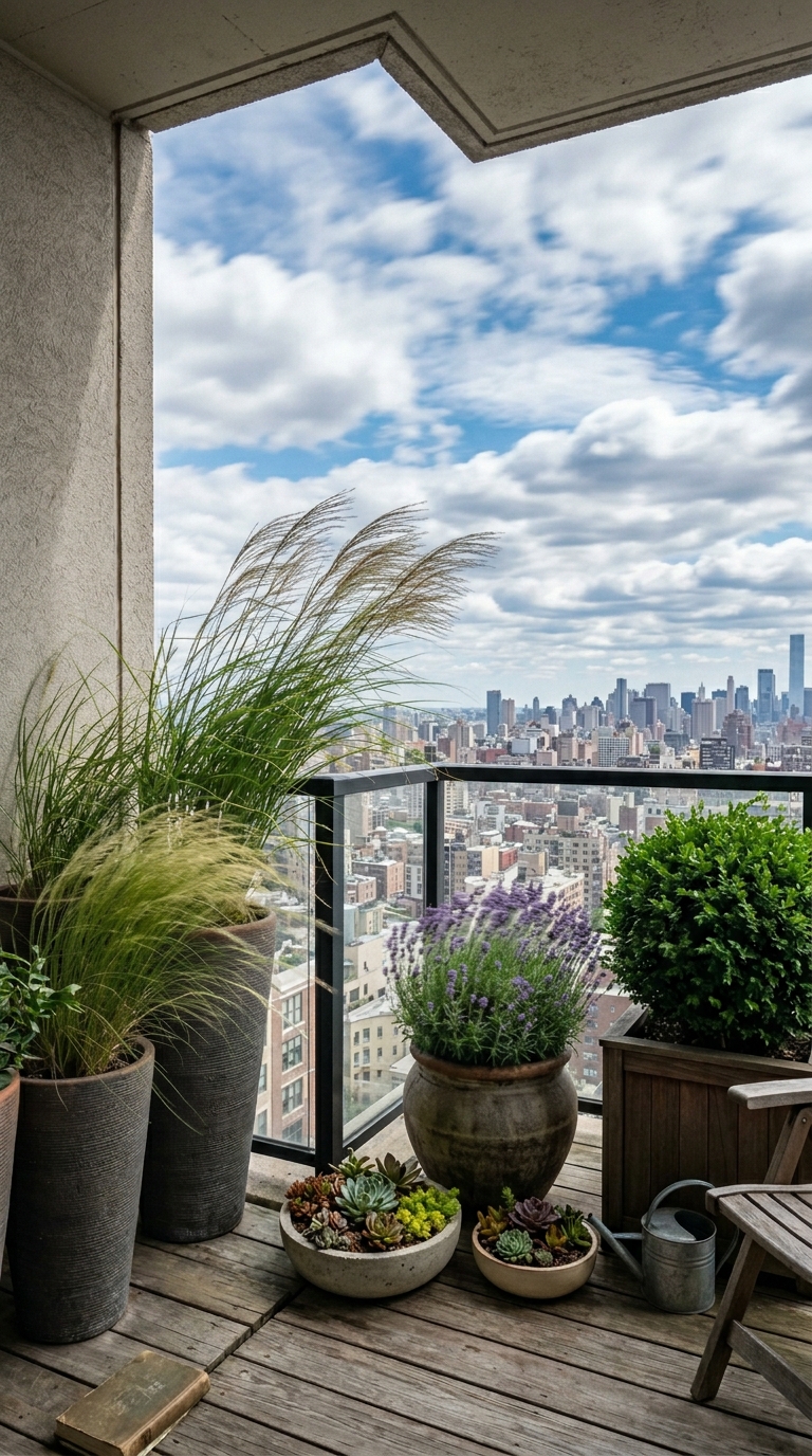 High-rise balcony with ornamental grasses bending gracefully in the wind
