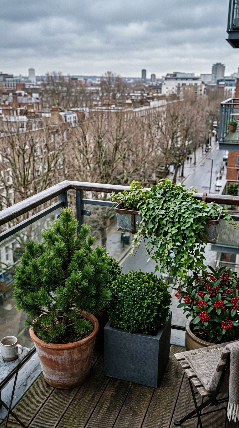 Balcony in late autumn with evergreen plants providing year-round structure