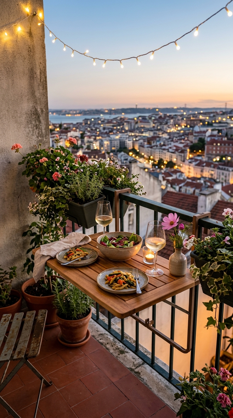 Wooden folding table hooked onto a railing set for dinner