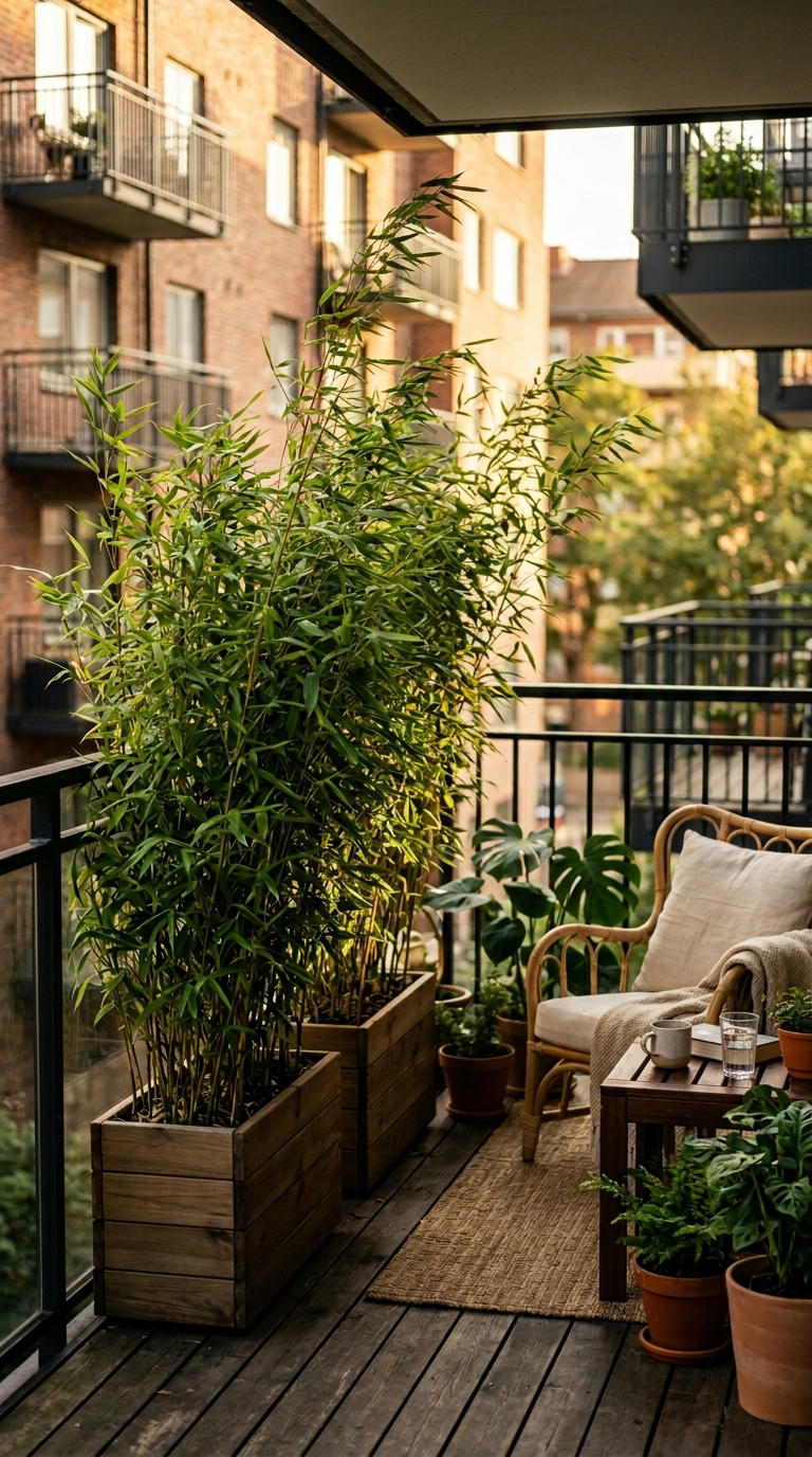 Balcony with tall clumping bamboo creating a natural privacy screen