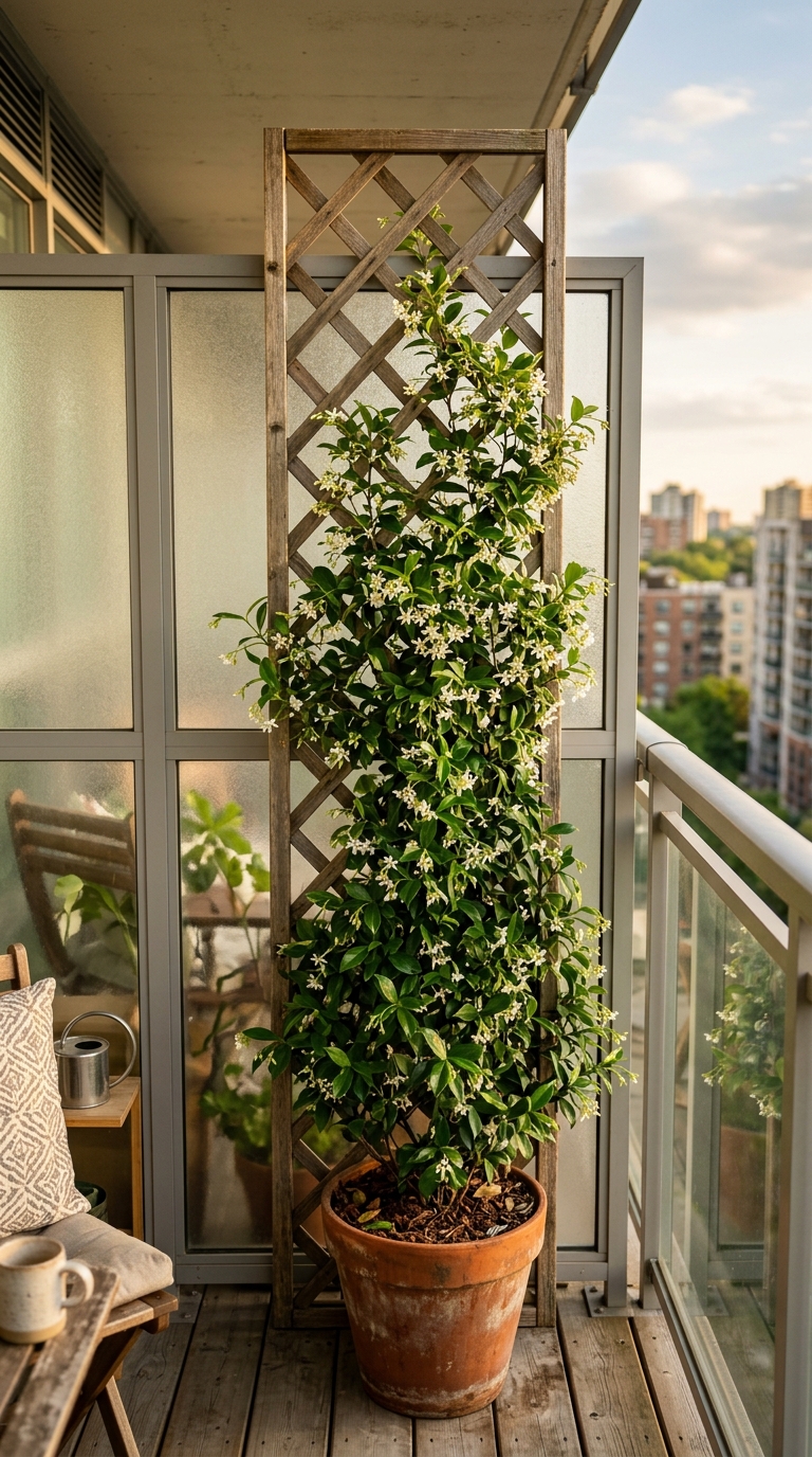 Wooden trellis with star jasmine climbing against a glass partition