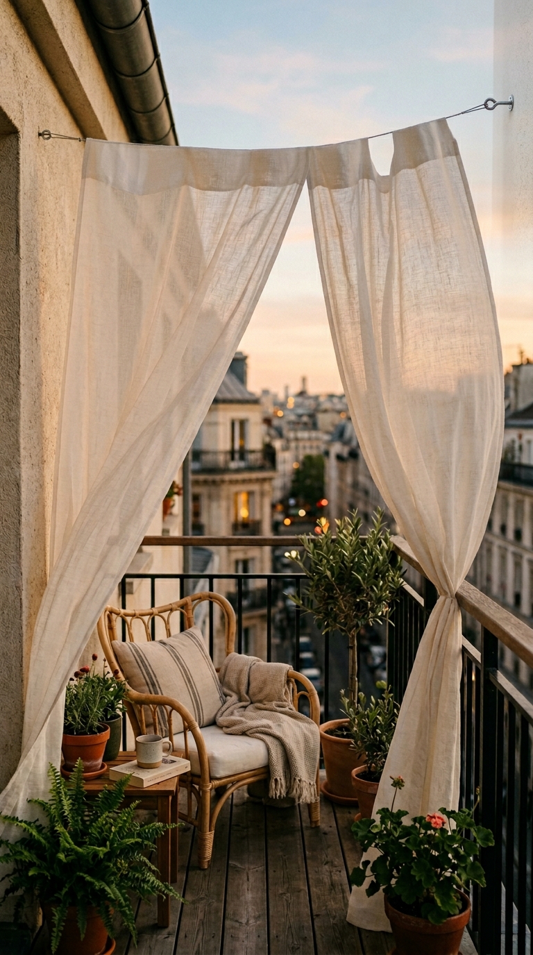 Sheer outdoor curtains billowing in a soft breeze on a balcony