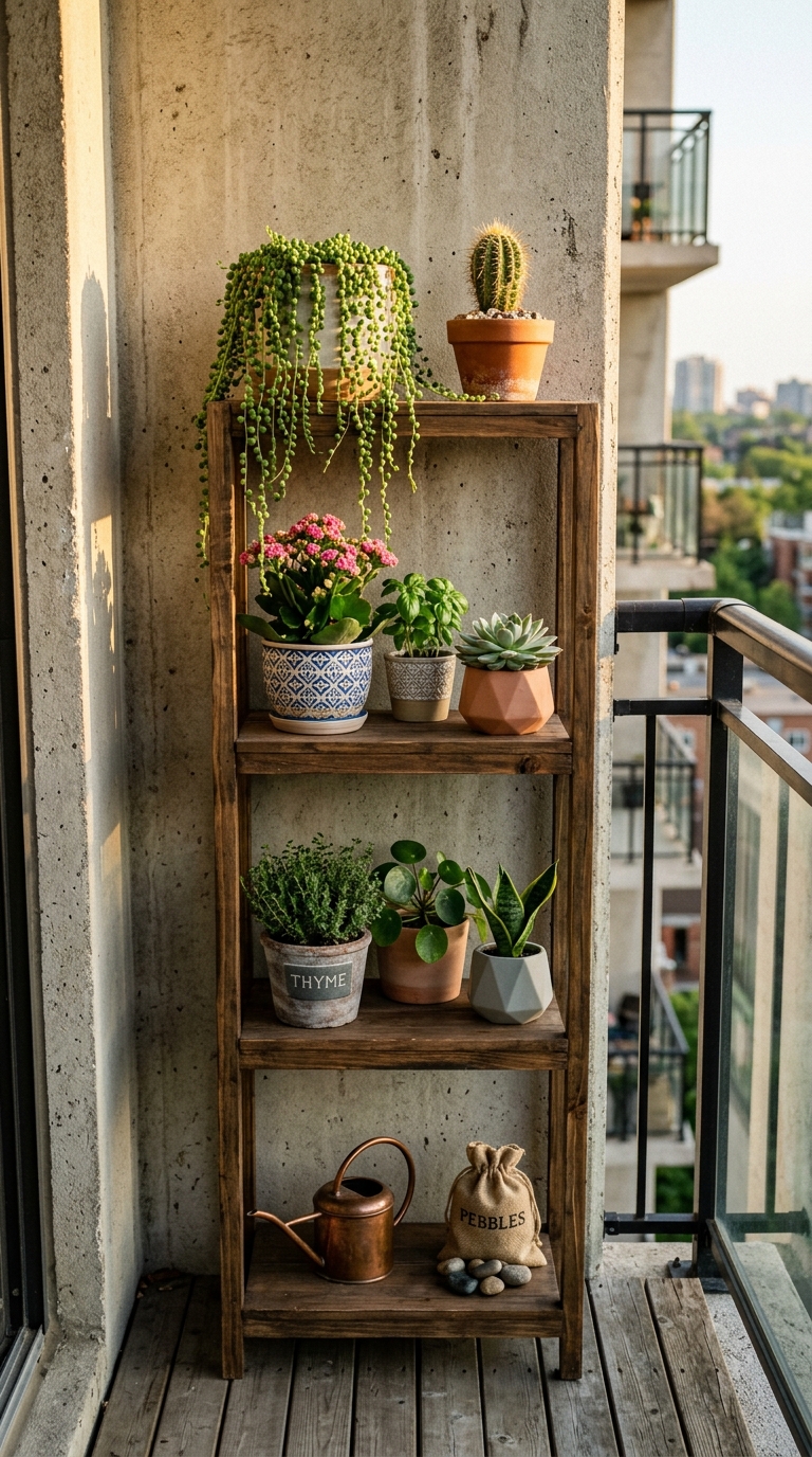 Narrow four-tier wooden shelf unit on a balcony against the back wall