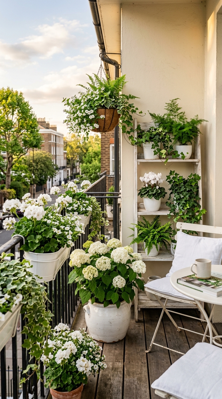 Balcony with a unified white-and-green color story throughout