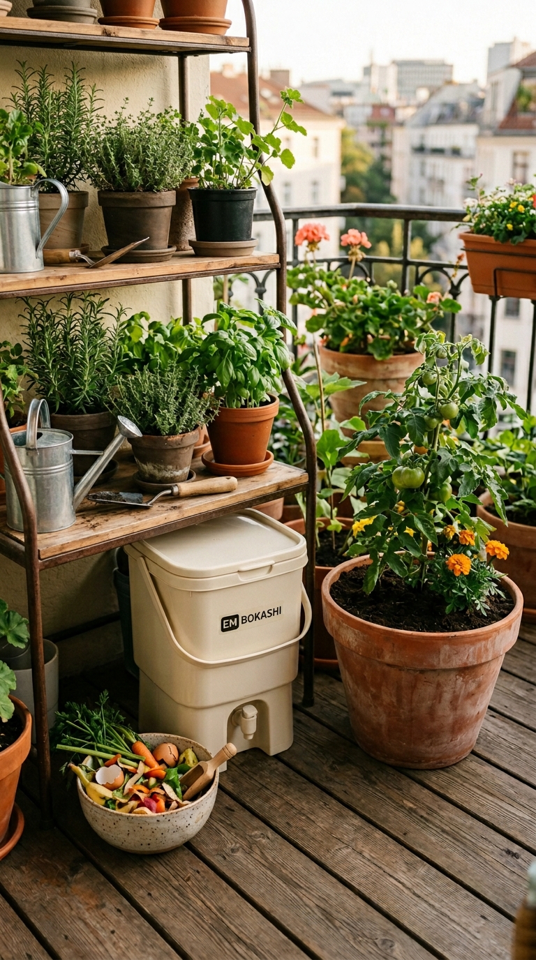 Compact bokashi bin tucked under a plant shelf with kitchen scraps nearby