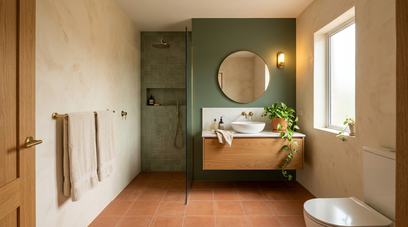 Bathroom with warm cream walls, deep sage accent wall, terracotta floor tiles, and brass fixtures