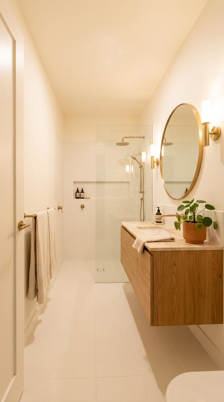 All-white bathroom done warmly — cream undertone, oak vanity, brass accents, warm sconce light