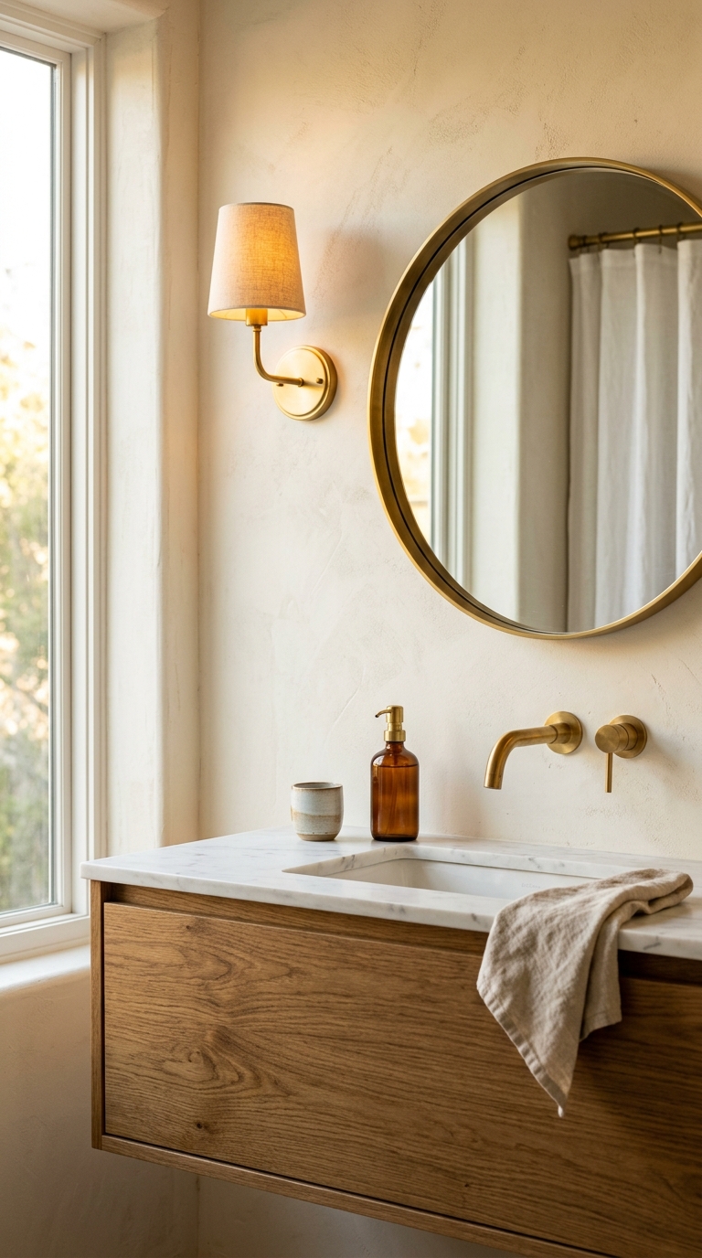 Cream + oak + brass — warm gradient from lightest walls through mid-tone wood to golden metallic