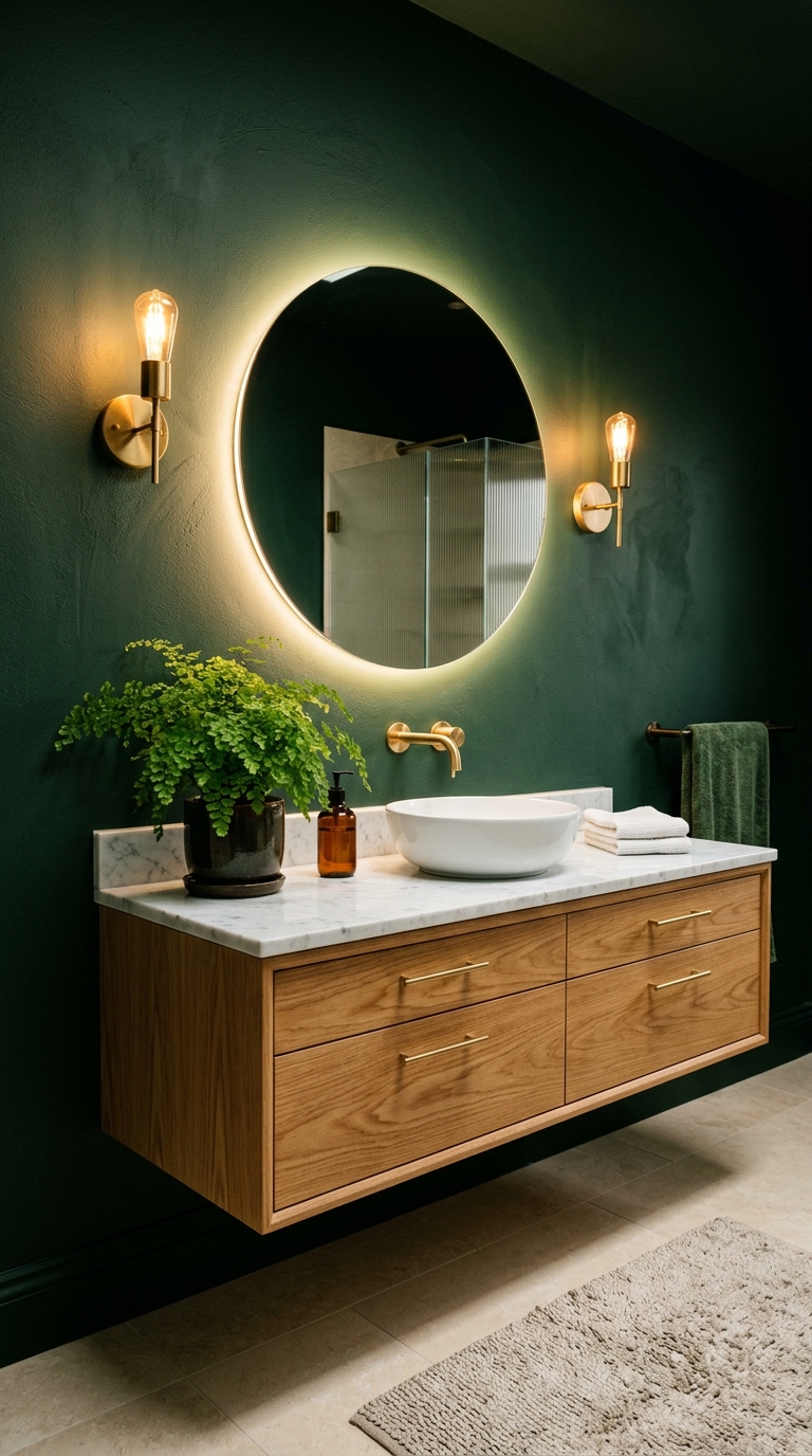 Deep sage green accent wall — warm yellow undertone making oak vanity look extraordinary