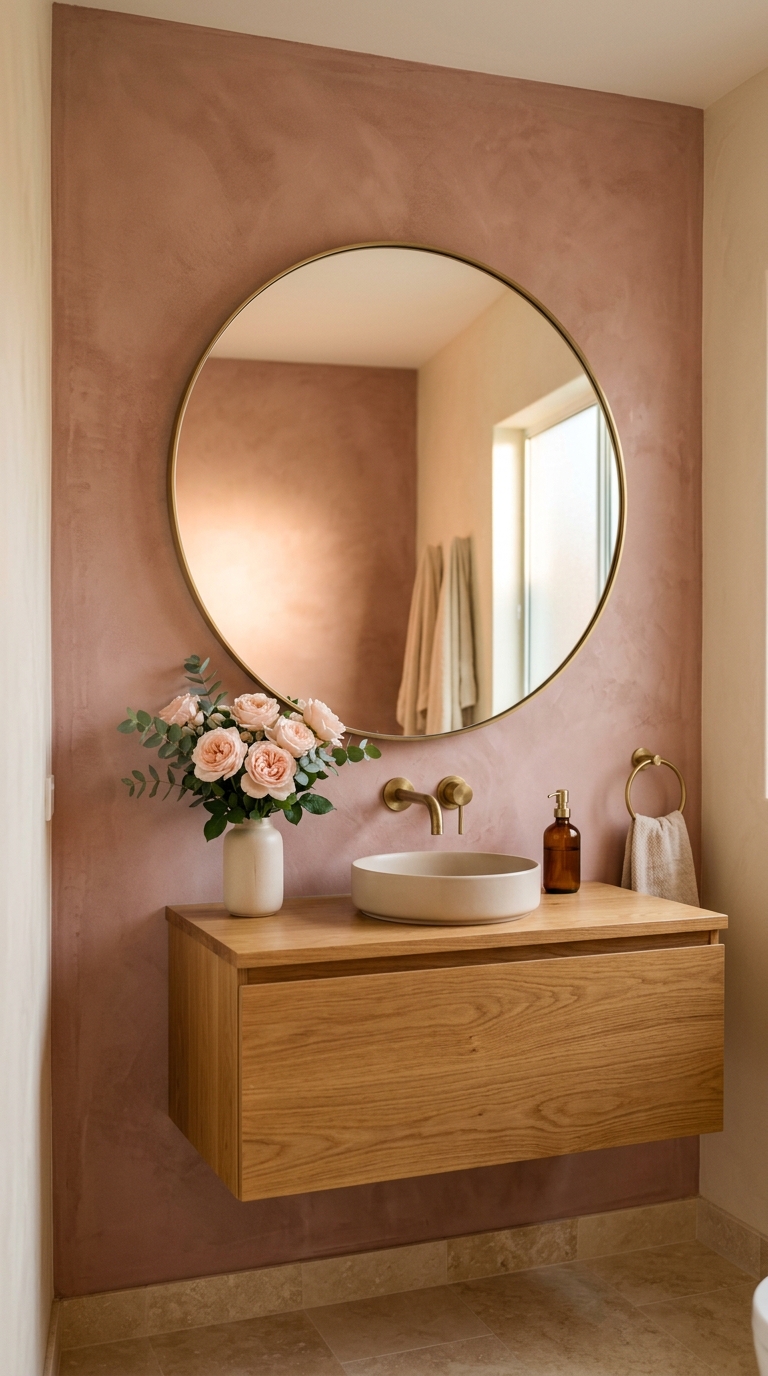Dusty rose limewash accent wall behind vanity — most flattering mirror environment
