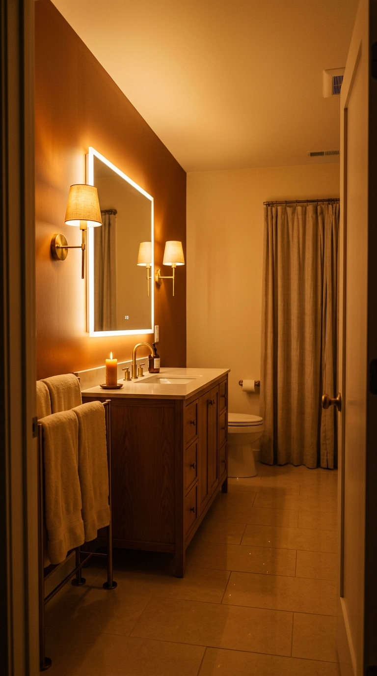 Bathroom at evening with warm cream walls, terracotta accent, brass fixtures, and layered warm light