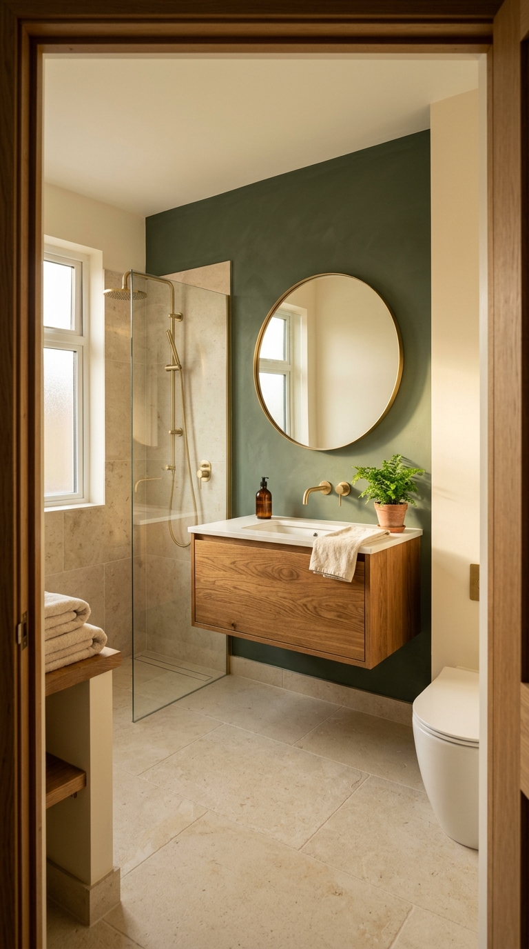 Forest green accent wall — dramatic depth making wall recede and vanity float