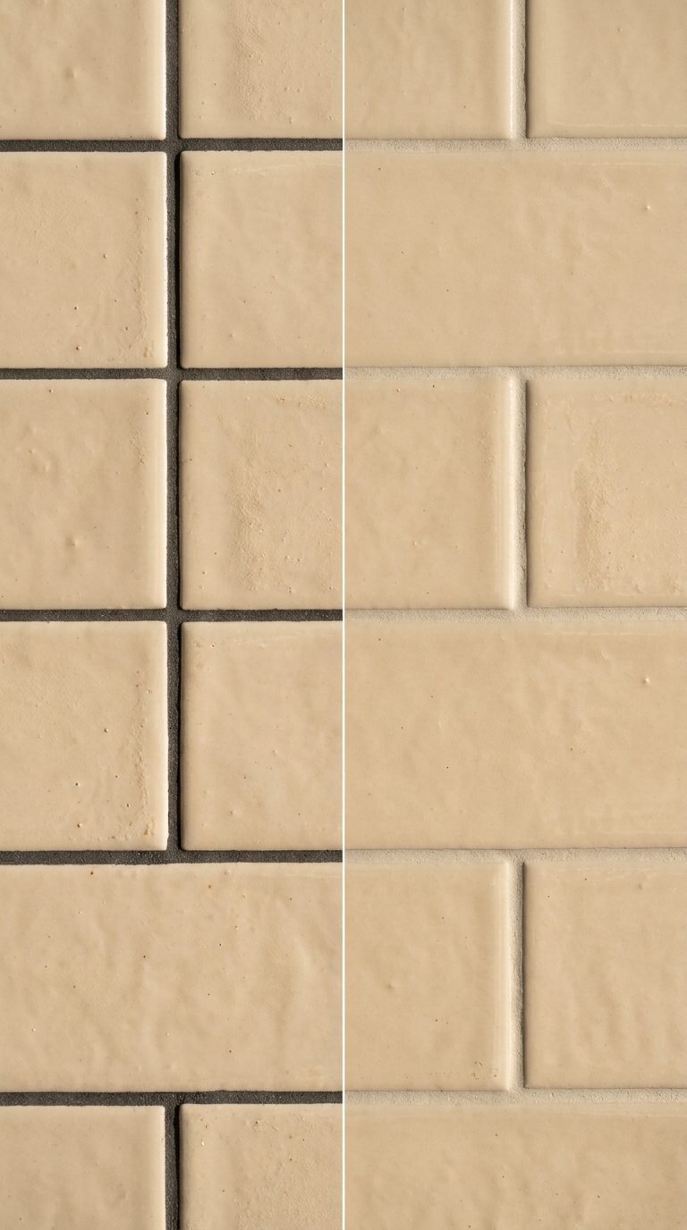 Split comparison — bright white grout fragmenting vs warm matching grout creating seamless surface