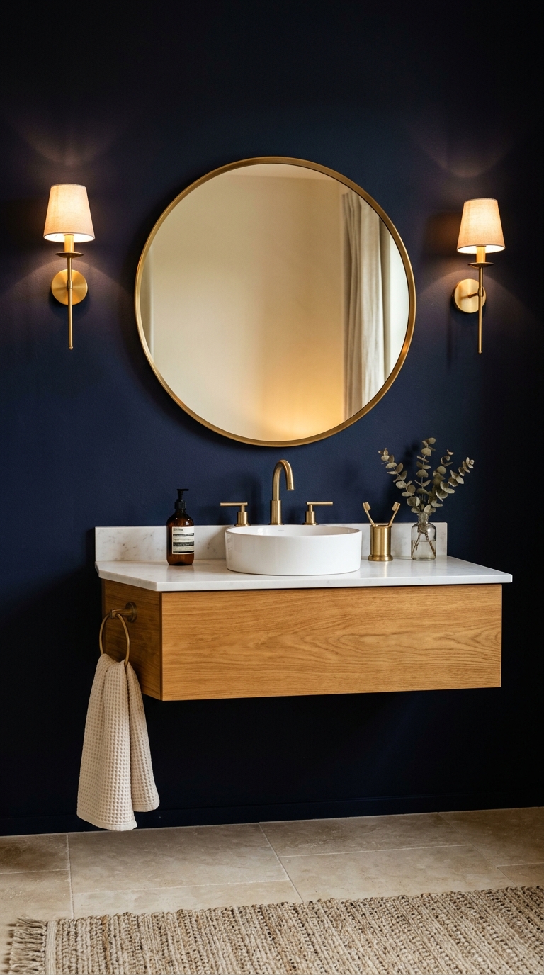 Navy accent wall — near-black depth making vanity float, brass fixtures as warm gold punctuation