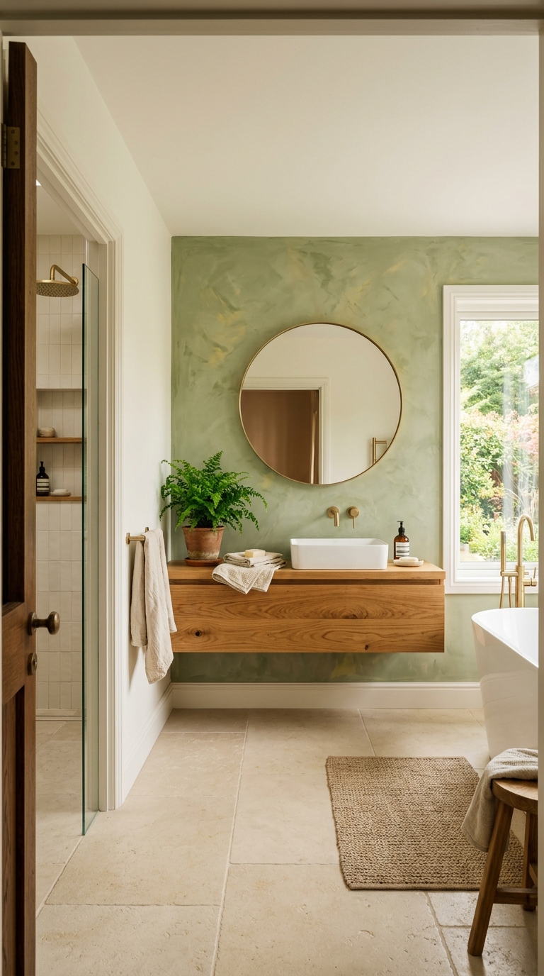 Sage green accent wall + warm white + natural oak — nature meets design