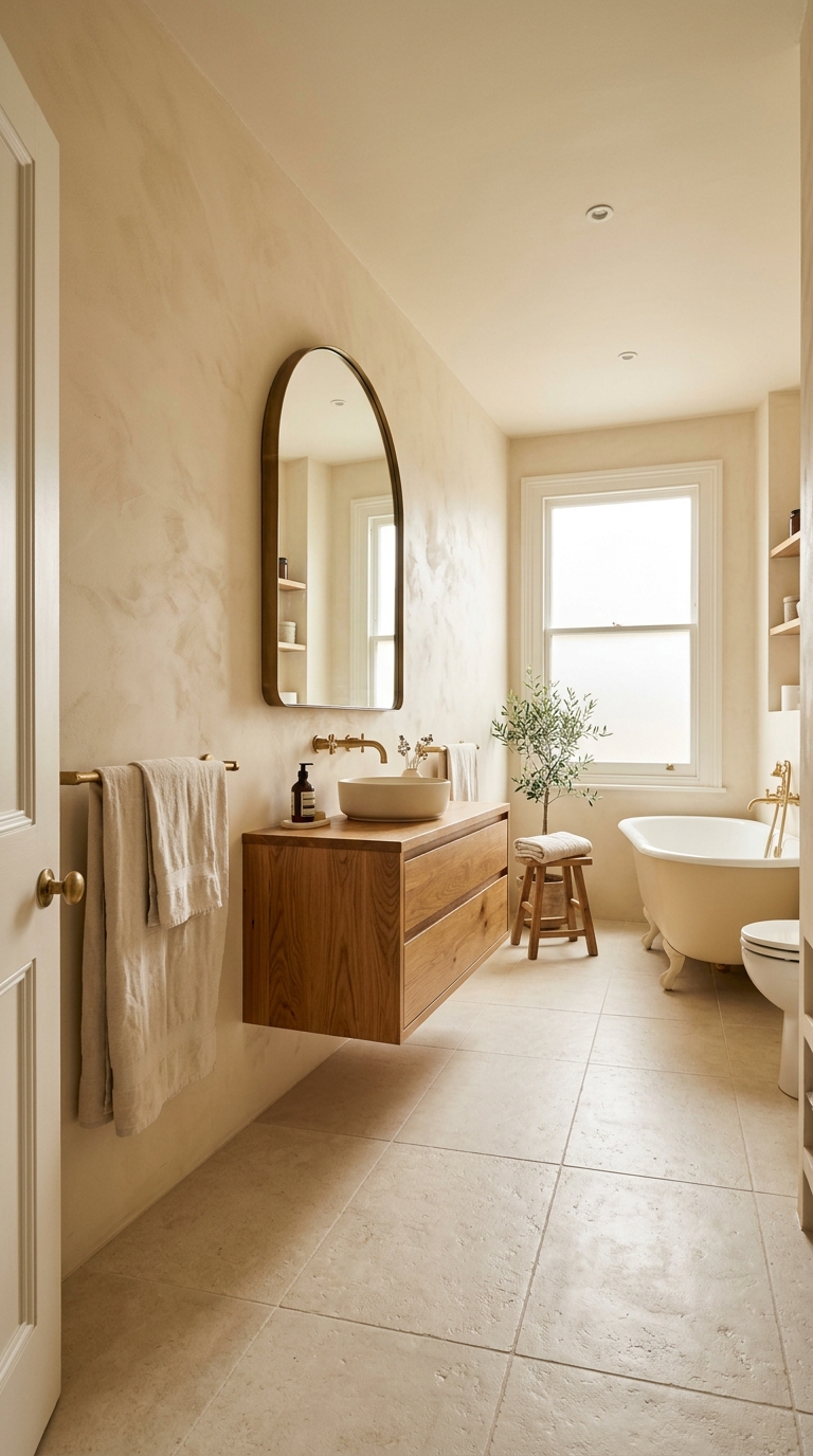 Bathroom in soft cream walls with oak vanity — cocoon warmth radiating from every surface