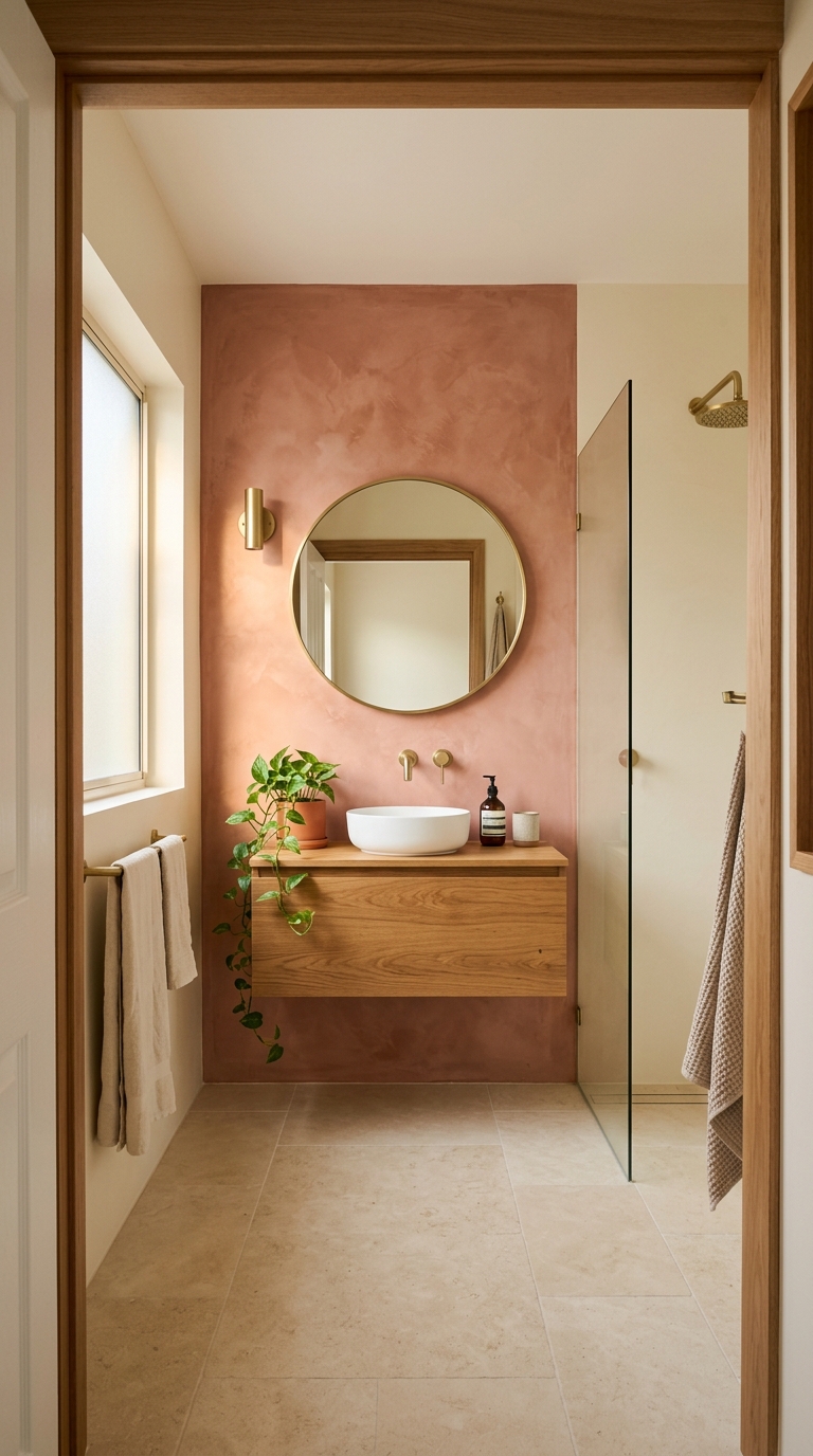 Soft terracotta limewash accent wall behind vanity — sun-baked clay warmth radiating into room