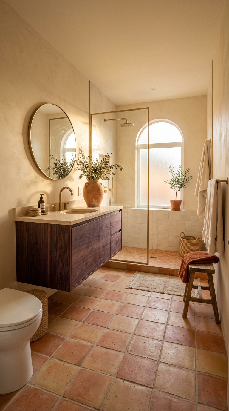 Terracotta floor + cream walls + dark walnut vanity — Mediterranean earth warmth