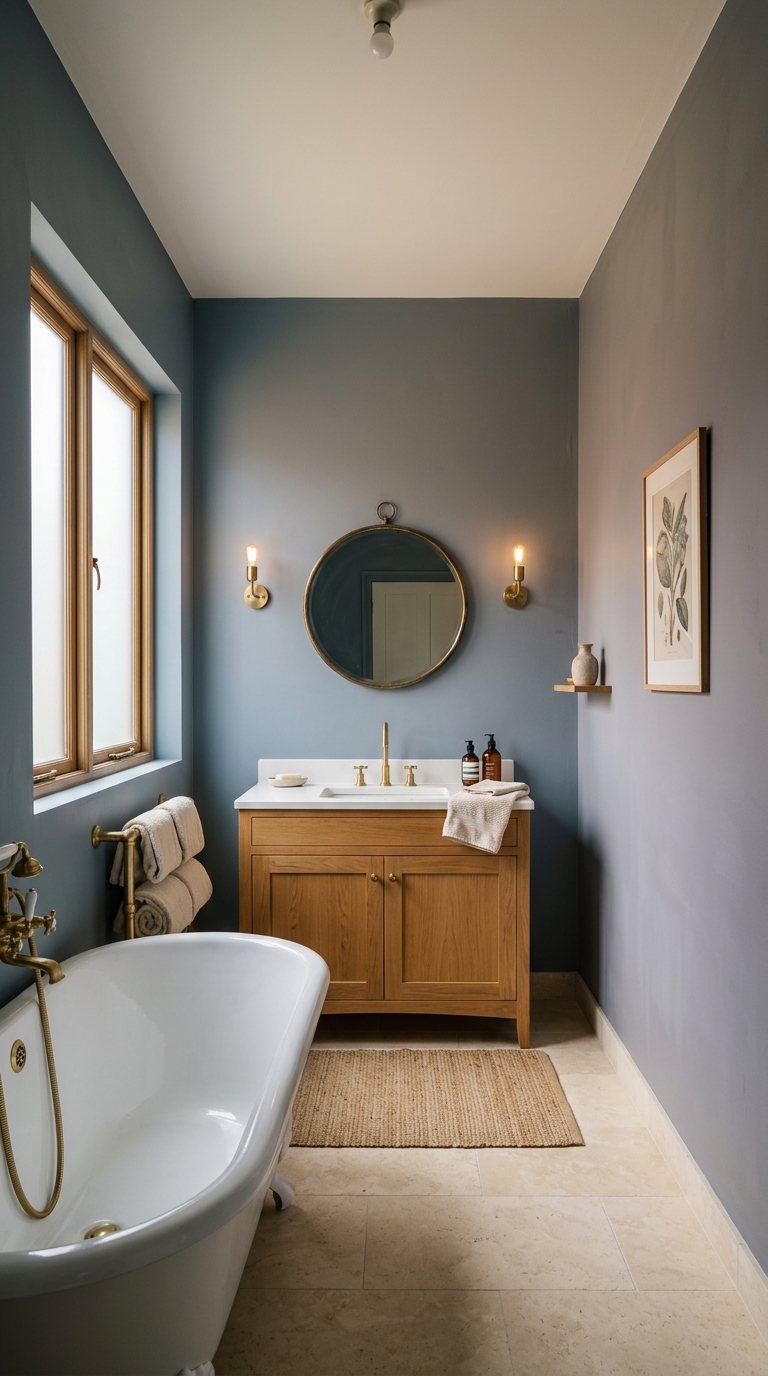Bathroom in warm blue-grey — chameleon colour shifting from blue to grey to warm depending on light