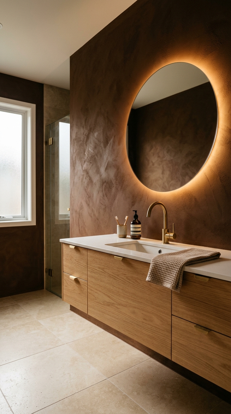 Warm clay accent wall — deep earthy brown with warm red and amber undertones