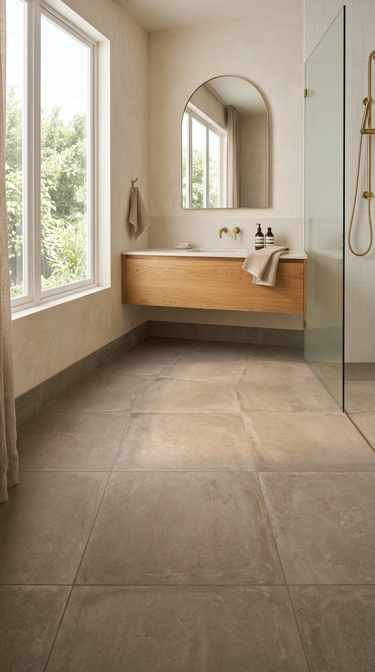 Warm greige floor tiles with concrete texture — darker below, lighter walls above, inherently calm