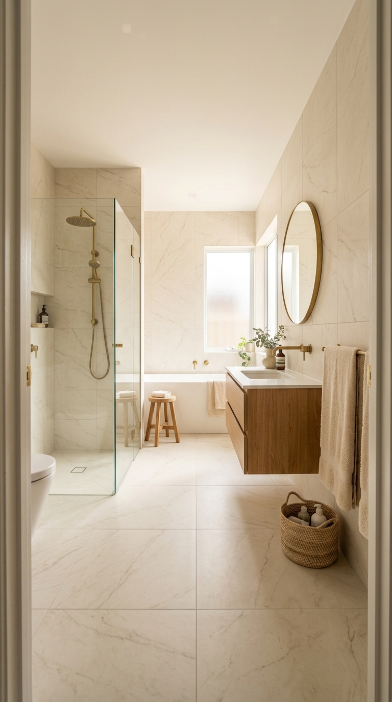 Warm ivory porcelain tiles floor to ceiling — subtle veining creating seamless warm envelope