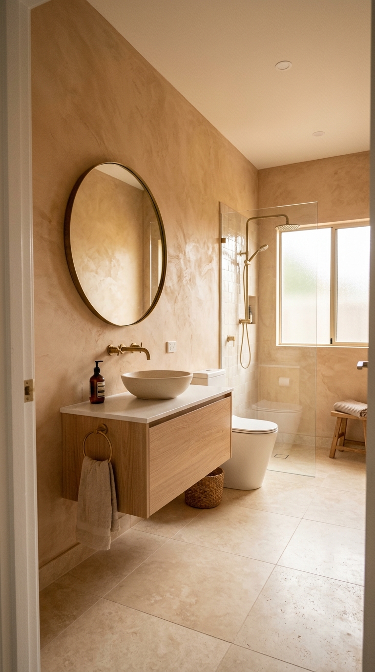 Bathroom with warm sand limewash walls — depth and enclosure lighter neutrals cannot achieve