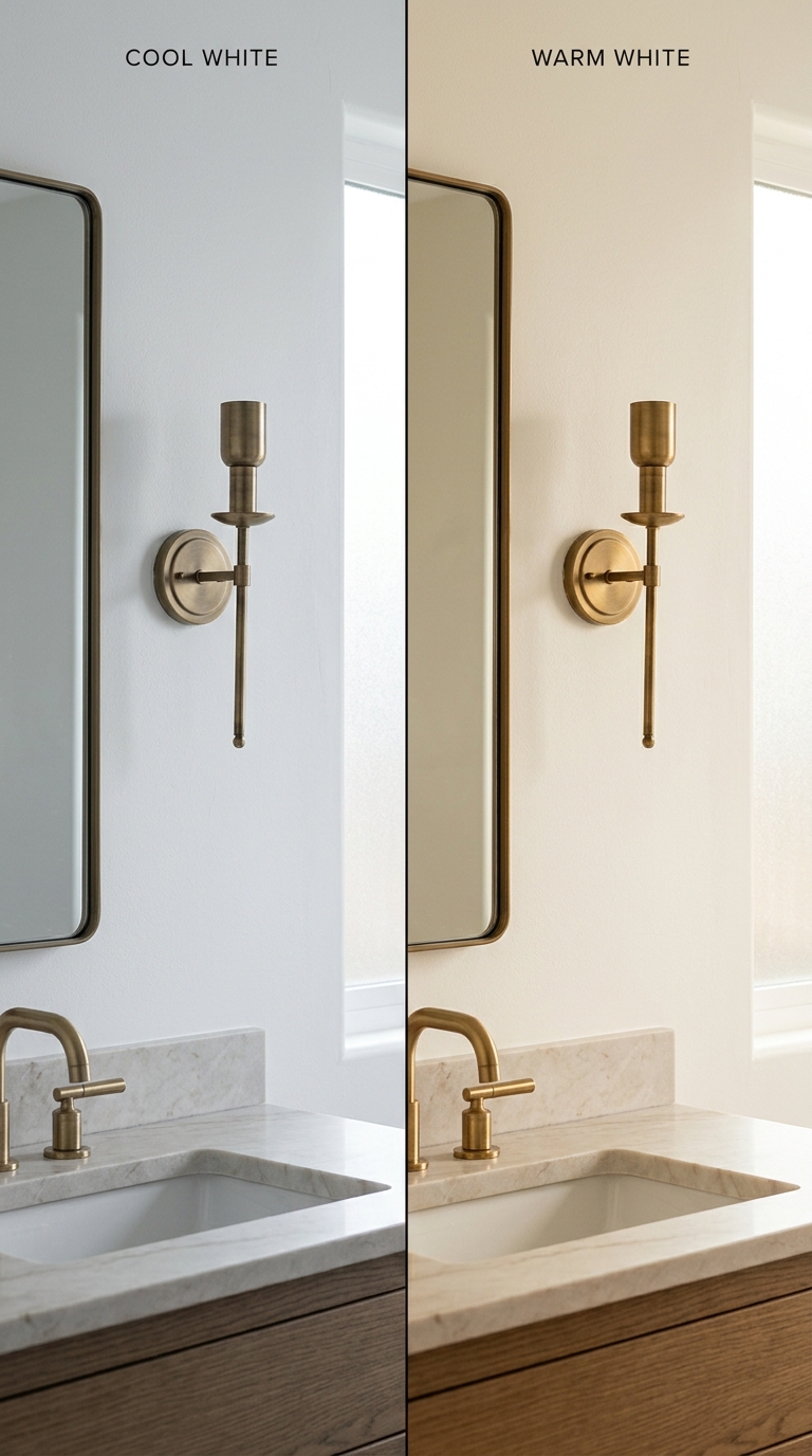 Split comparison — cool white clinical vs warm white welcoming on same bathroom wall