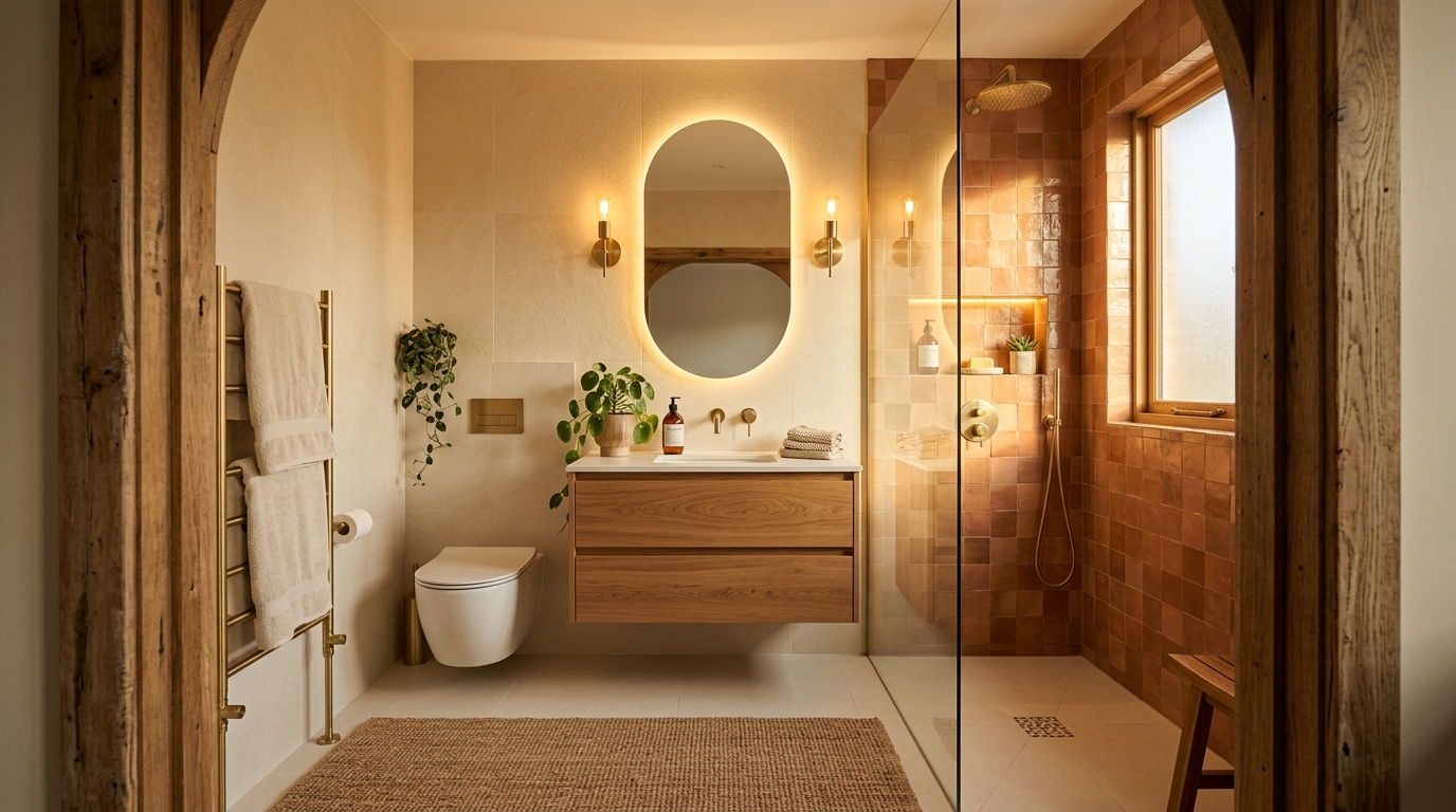 Luxury small bathroom with warm ivory tiles, floating oak vanity, backlit mirror, and zellige shower wall