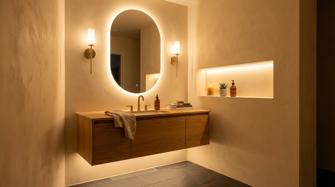 Bathroom at evening with backlit mirror, sconces, niche LED, and under-vanity glow