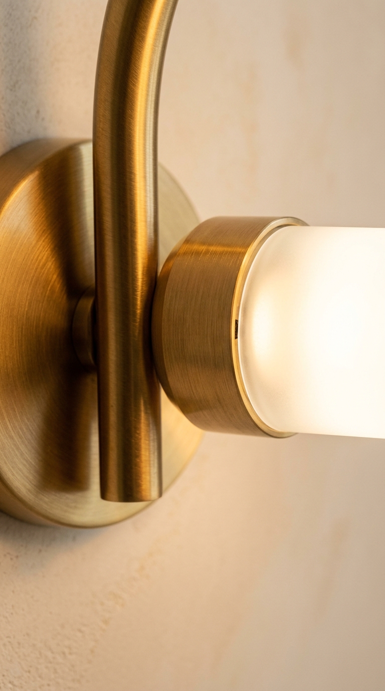 Backlit mirror plus flanking sconces — three light sources working in harmony
