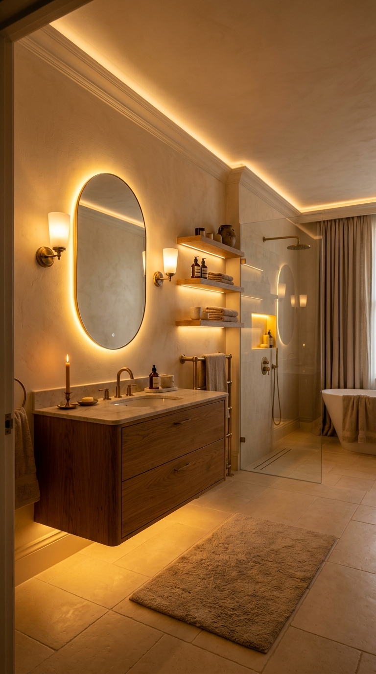 DIY behind-mirror LED — warm glow escaping at mirror perimeter