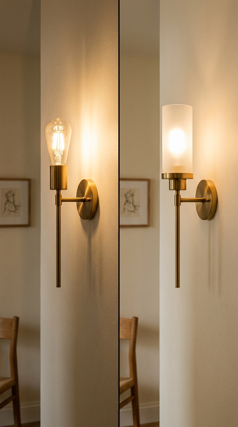 Two matching brass sconces flanking mirror at eye level — perfect cross-illumination