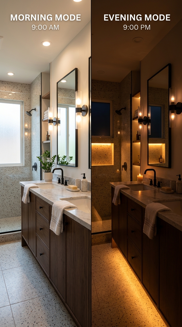 Slim horizontal light bar above wide mirror — warm diffused downward wash