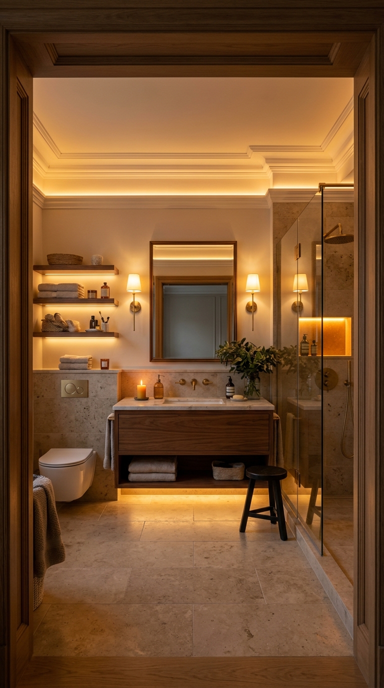 Night-time bathroom — only under-vanity LED providing minimum amber navigation light