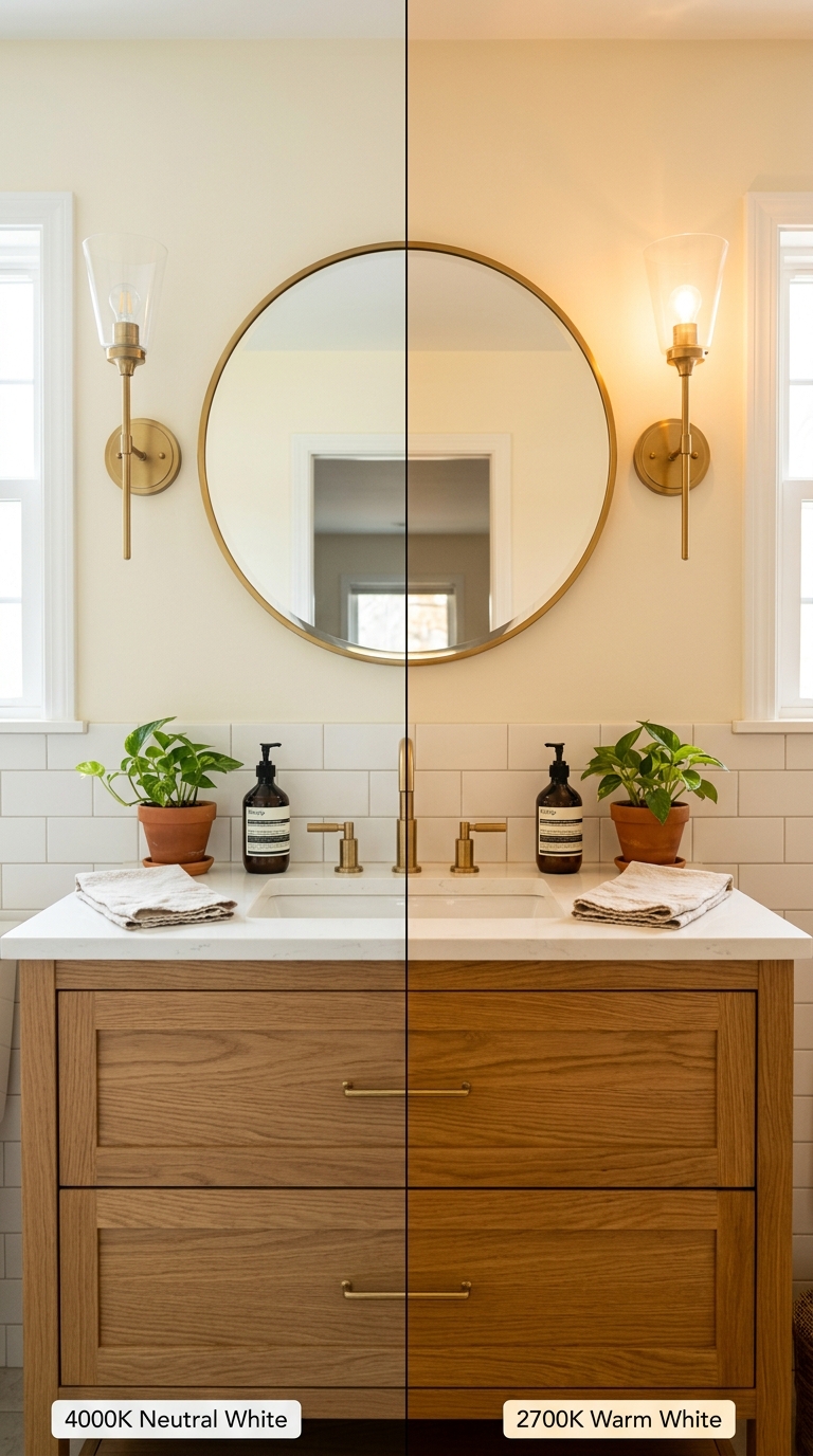 Recessed downlights — flush with ceiling, wide warm beam creating even ambient fill