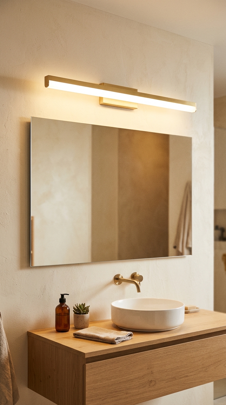 Two floating shelves with under-shelf LED — curated objects lit from above in warm directional light