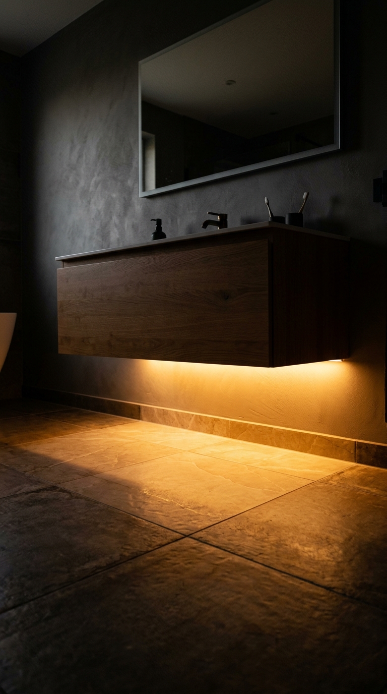 Small bathroom — two sconces plus under-vanity glow providing complete warm illumination