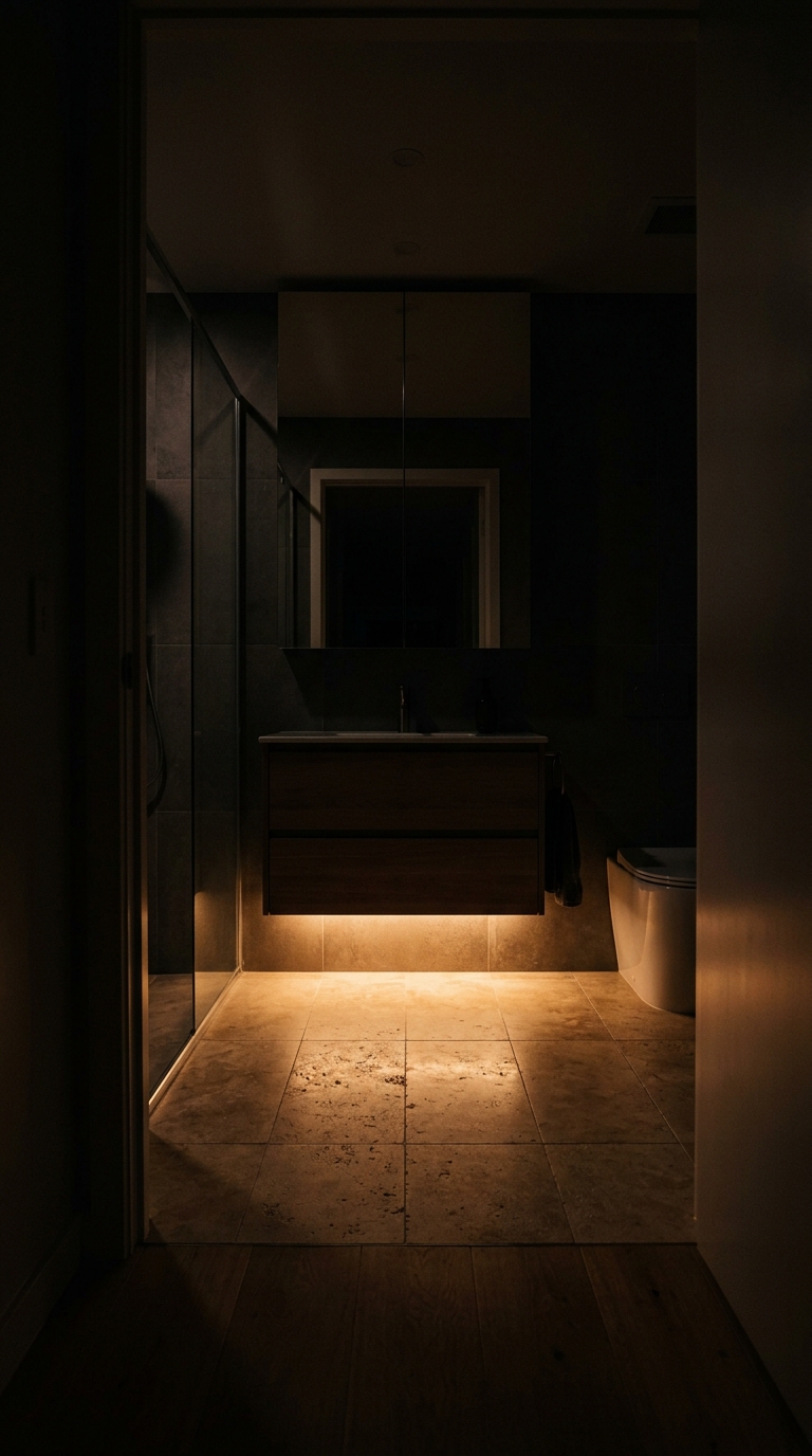 Under-vanity LED — warm amber pool on floor tiles creating floating effect