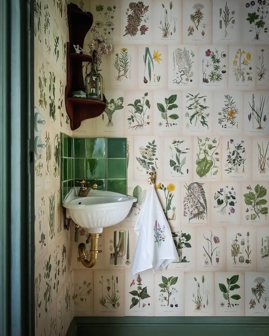 Small cloakroom with botanical wallpaper, green tile splashback and wall-hung basin