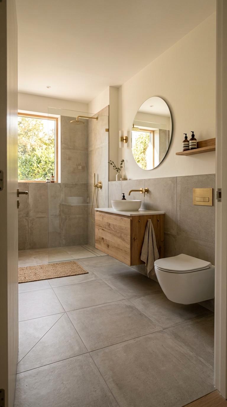 Concrete-look floor tiles — warm beige-grey undertone creating industrial warmth