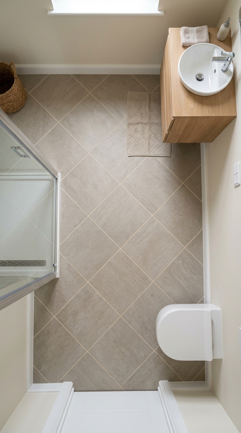 Diagonal floor tile layout — warm grey porcelain extending toward corners, expanding perceived space