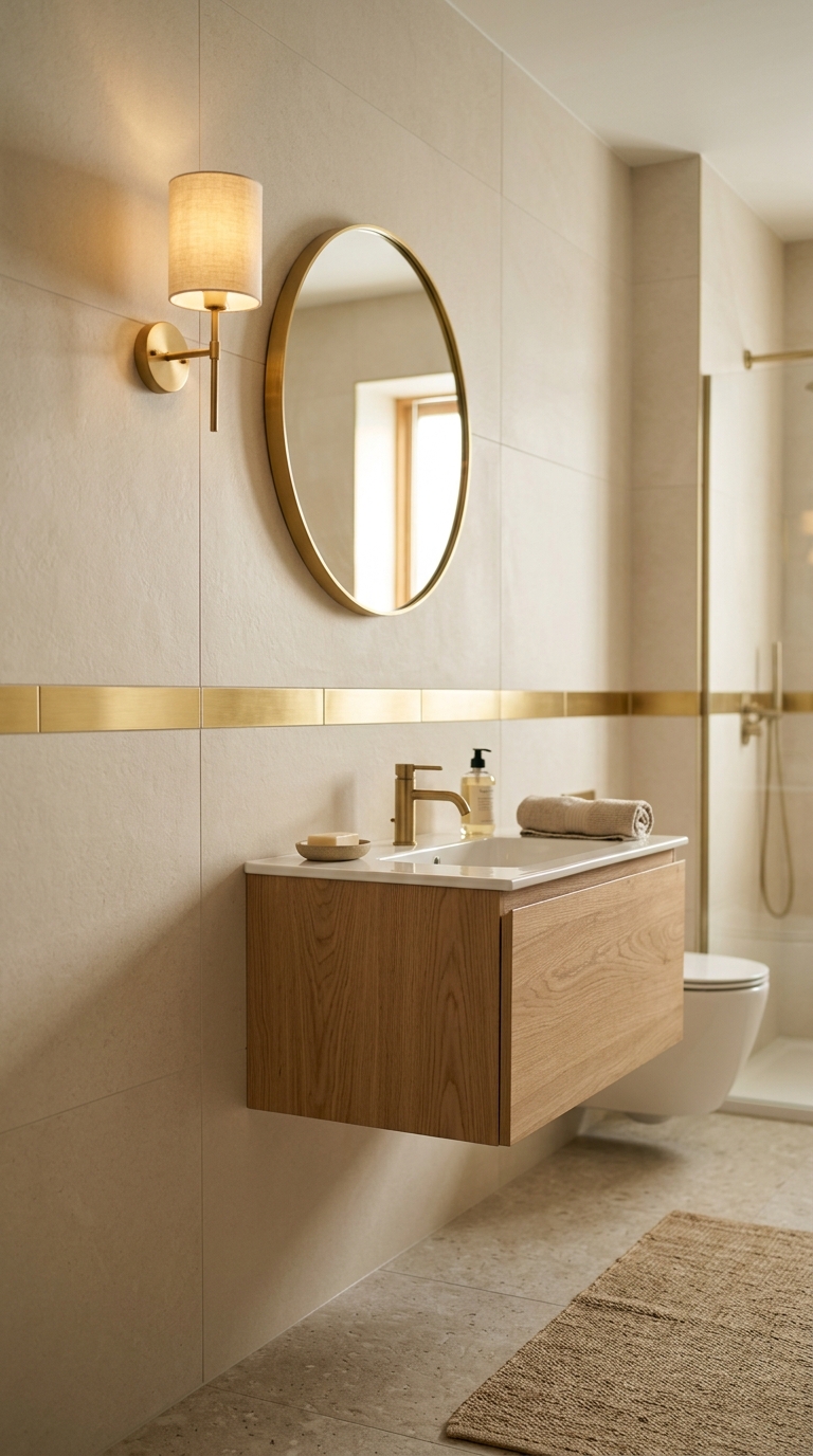 Family bathroom — warm greige porcelain floor and walls, durable and forgiving of daily use