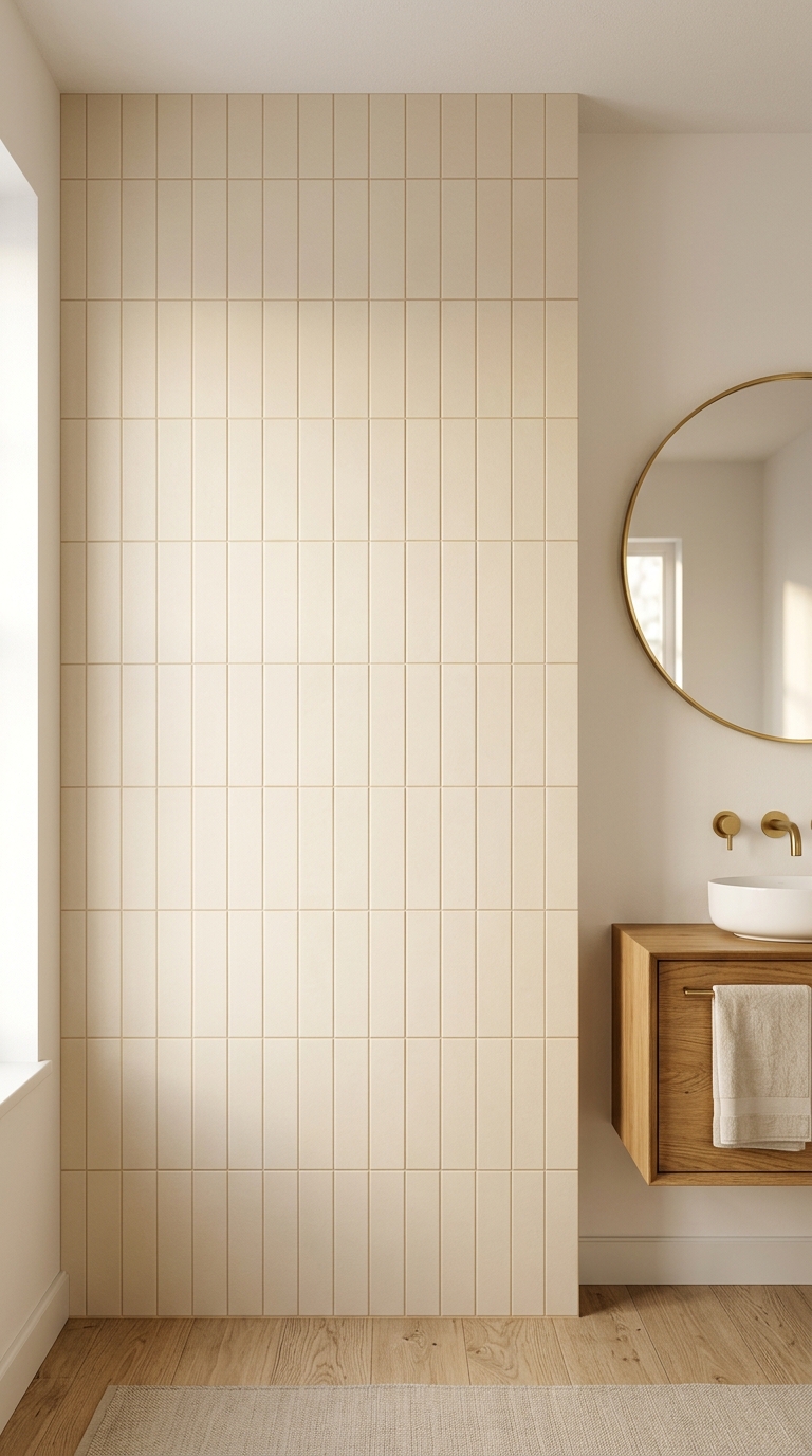 Full-height wall tiles — no painted section, uniform light reflection from floor to ceiling