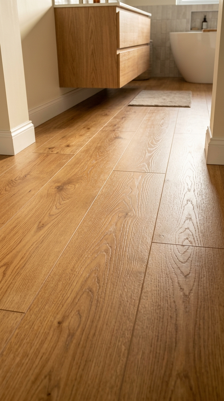 Herringbone floor pattern — warm oak planks directing the eye into the room