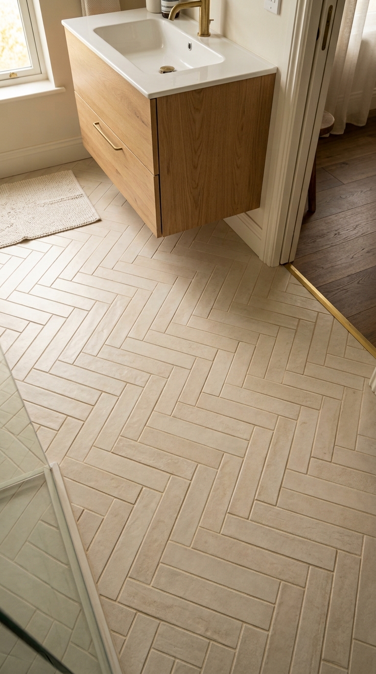 Ivory porcelain herringbone — interlocking V-pattern catching light at shifting angles