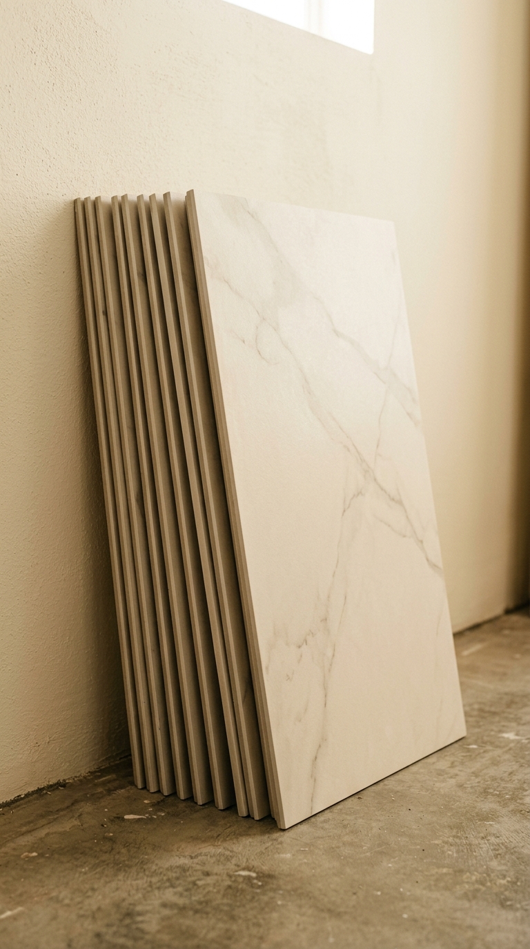 Large-format porcelain tiles — near-continuous surface, minimal grout lines